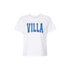 White t-shirt with 'VILLA' printed in blue on a white background
