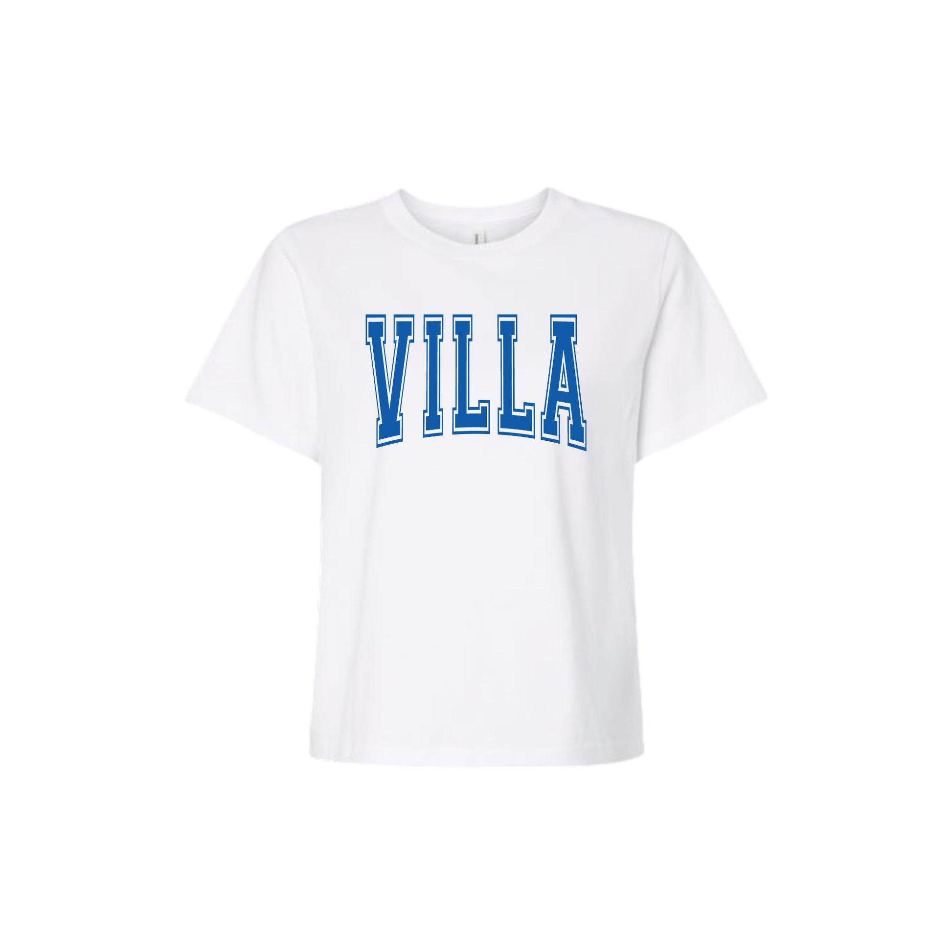 White t-shirt with 'VILLA' printed in blue on a white background