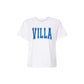 White t-shirt with 'VILLA' printed in blue on a white background