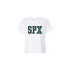 White t-shirt with 'SPX' printed in green on a white background