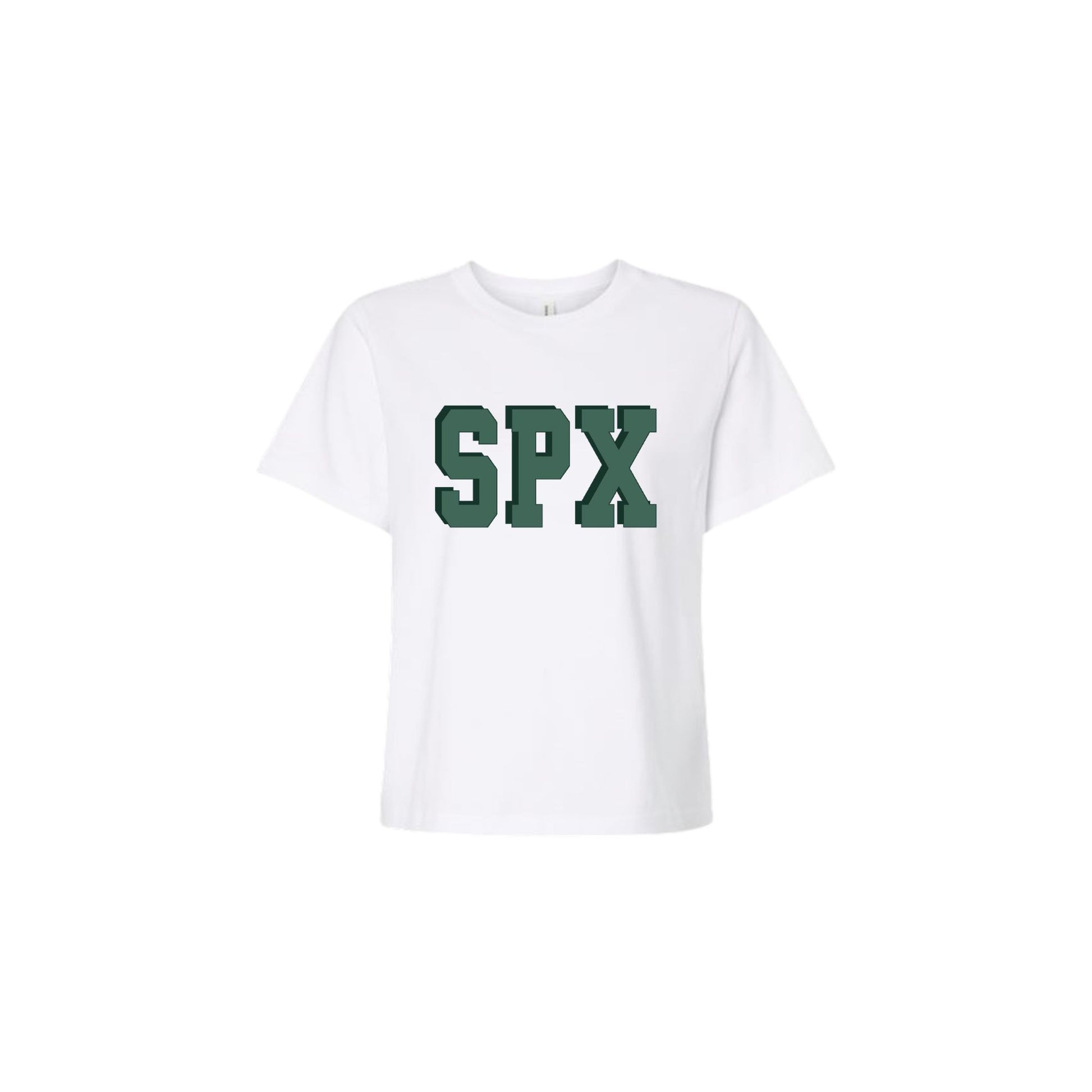 White t-shirt with 'SPX' printed in green on a white background