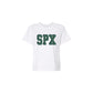 White t-shirt with 'SPX' printed in green on a white background