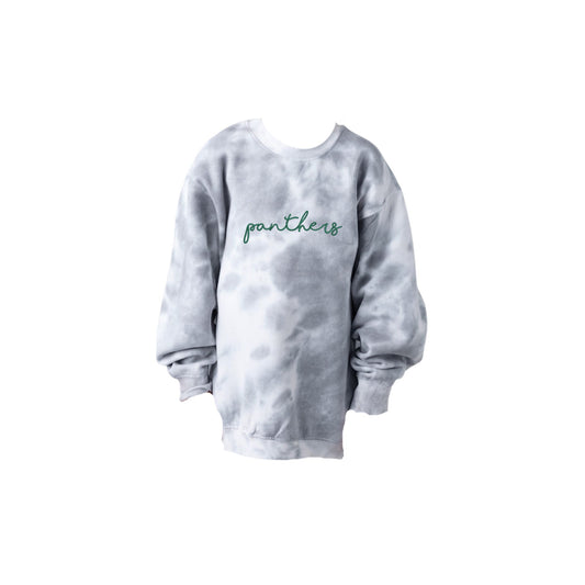 Gray tie dye sweatshirt with 'panthers' embroidered in hunter green thread on the center chest