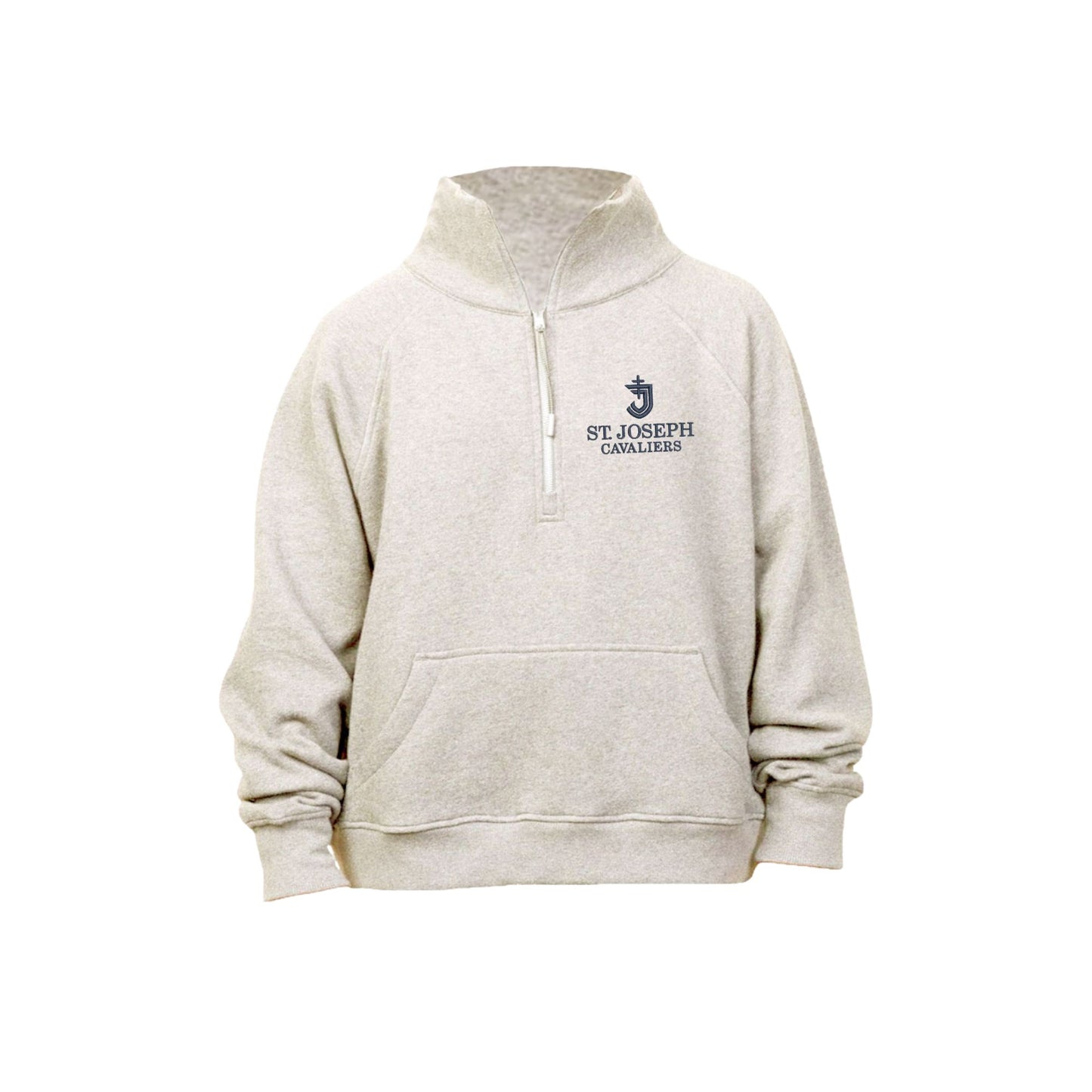 OATMEAL HEATHER LADIES BOXY QUARTER ZIP WITH CUSTOM SJS CAVALIERS EMBROIDERED DESIGN ON THE LEFT CHEST IN NAVY THREAD