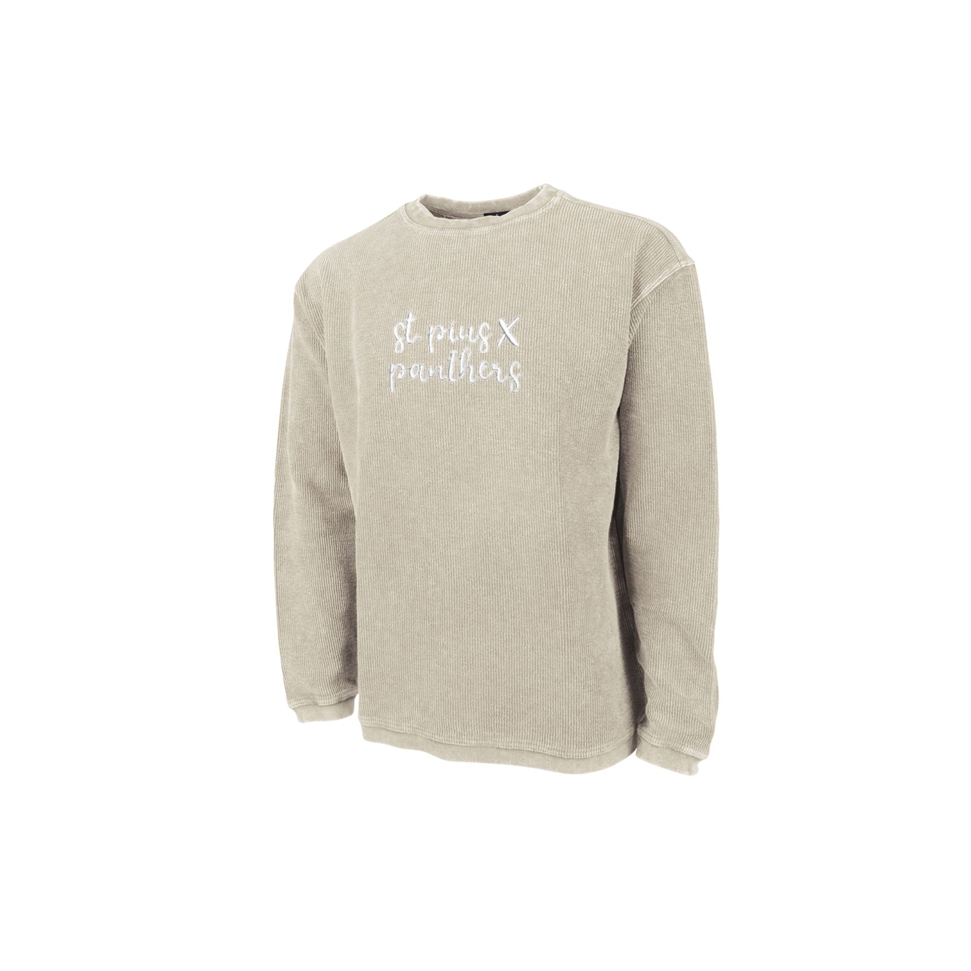 oat sweatshirt with 'st pius X panthers' text embroidered in white thread on the center chest