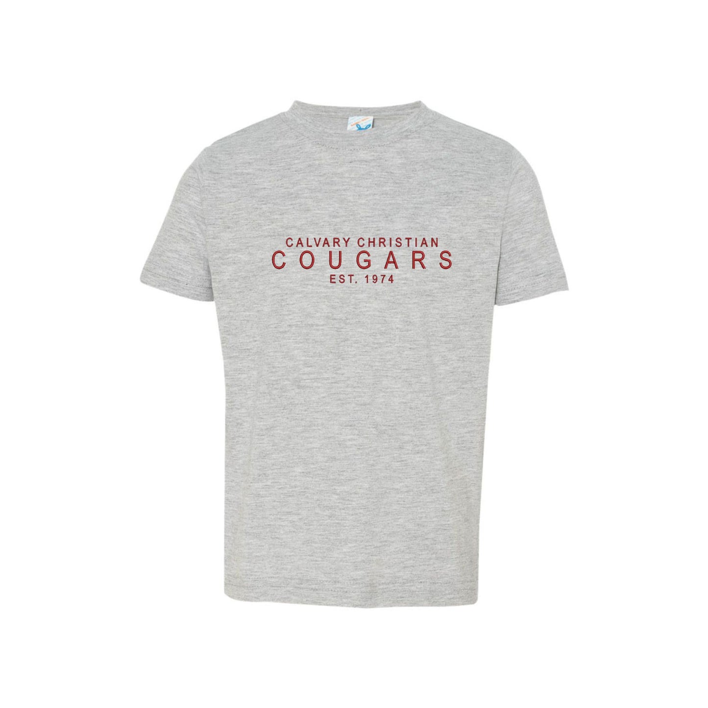 heather toddler t-shirt with embroidered calvary christian cougars design in red thread