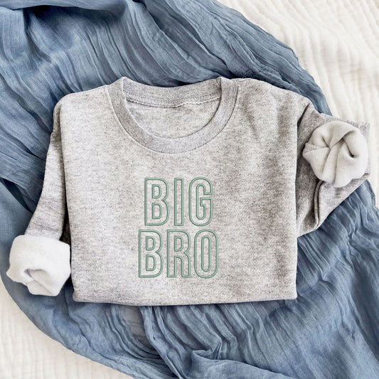 heather crewneck toddler sweatshirt with custom embroidered open block letters in eucalyptus thread