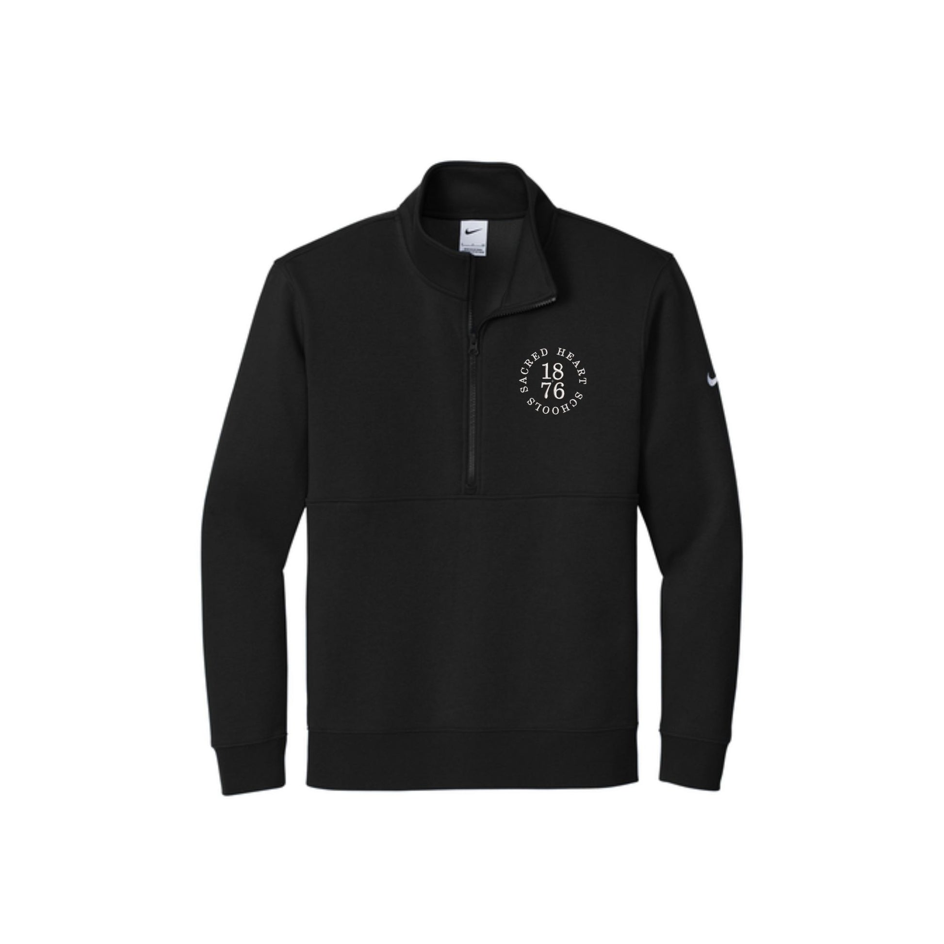 Black Nike Club Fleece Sleeve Swoosh 1/2-Zip with custom Sacred Heart Schools 1876 rounded embroidered logo on the left chest in white thread