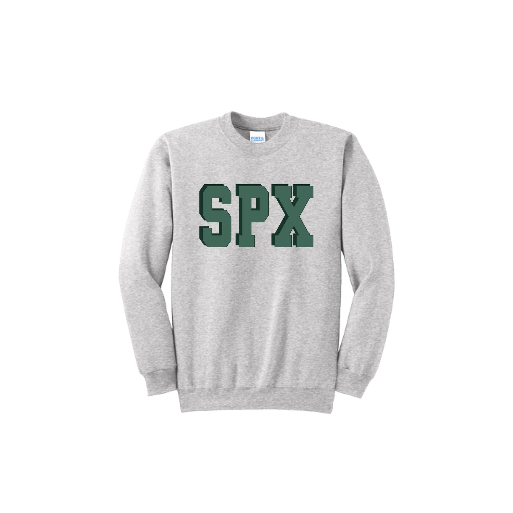 Gray sweatshirt with 'SPX' printed in green on a white background