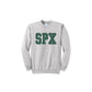 Gray sweatshirt with 'SPX' printed in green on a white background