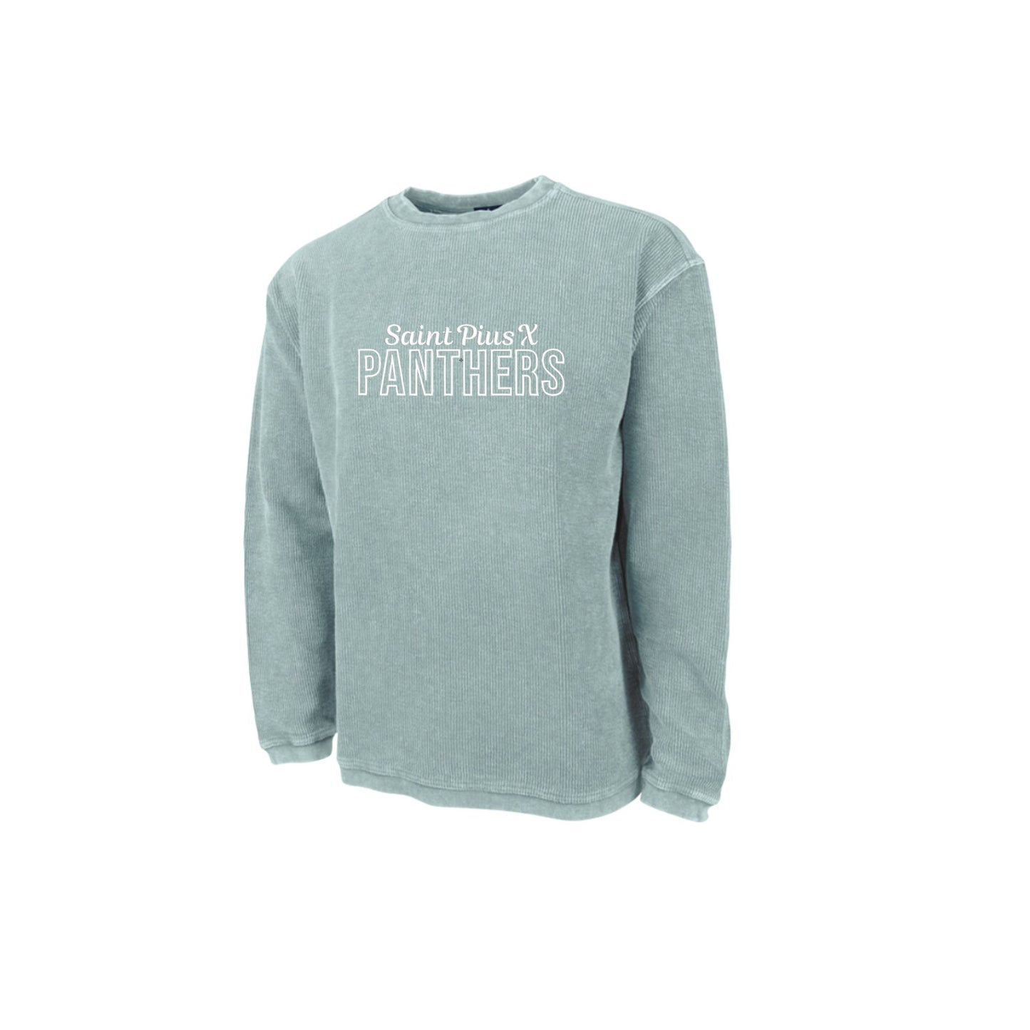 Gray sweatshirt with 'Saint Louis X Panthers' text on a white background