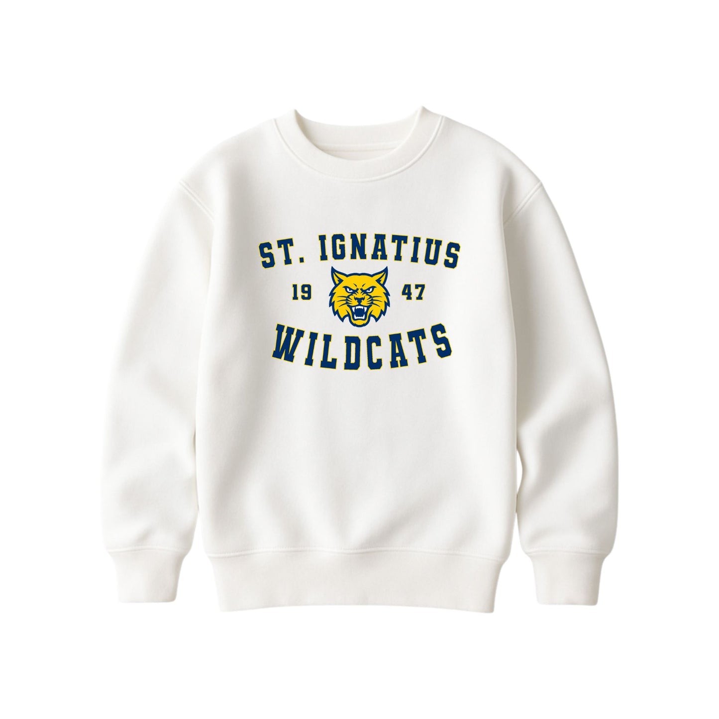 A bleached linen crewneck sweatshirt featuring a St. Ignatius Wildcats graphic on the chest, displayed against a solid white background.