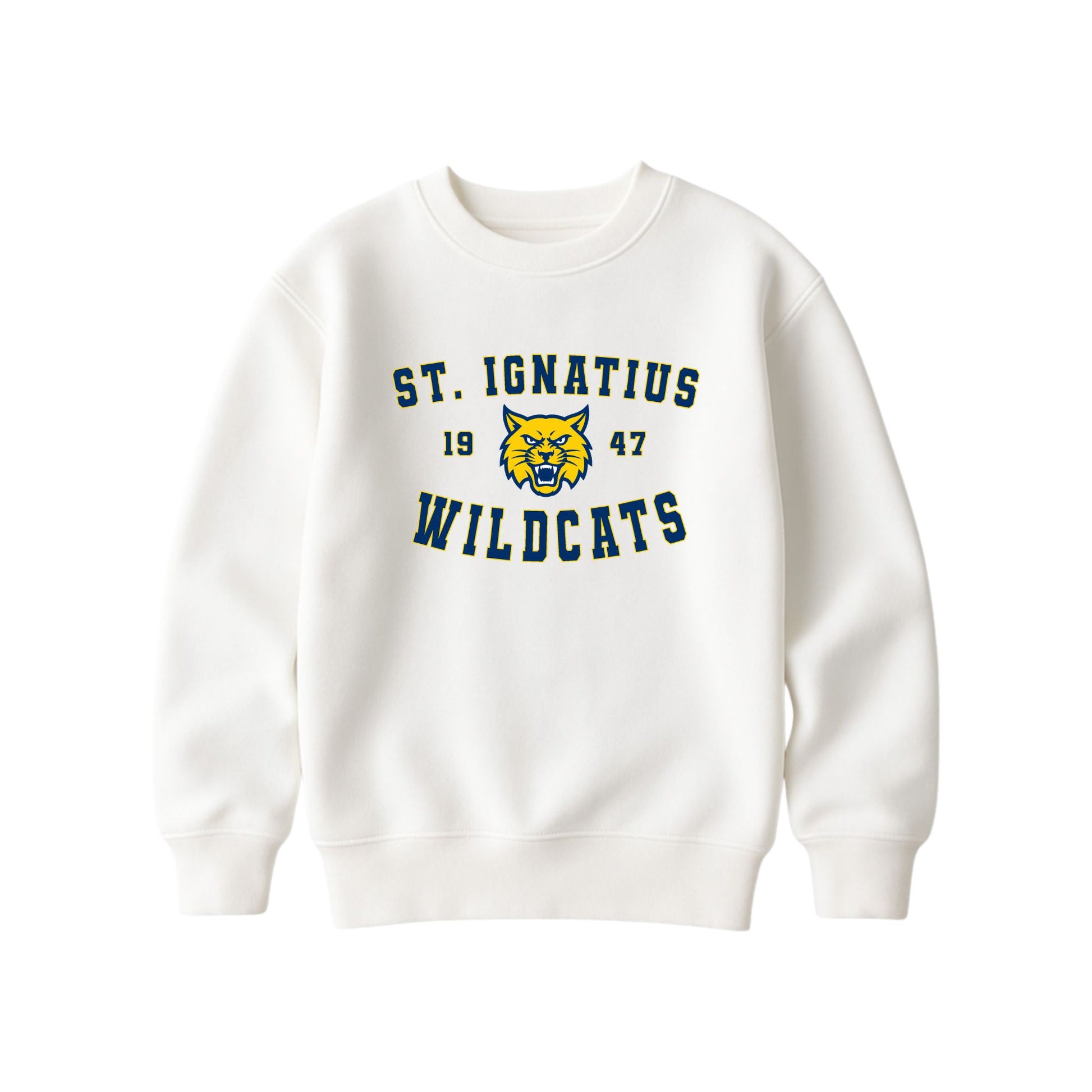 A bleached linen crewneck sweatshirt featuring a St. Ignatius Wildcats graphic on the chest, displayed against a solid white background.