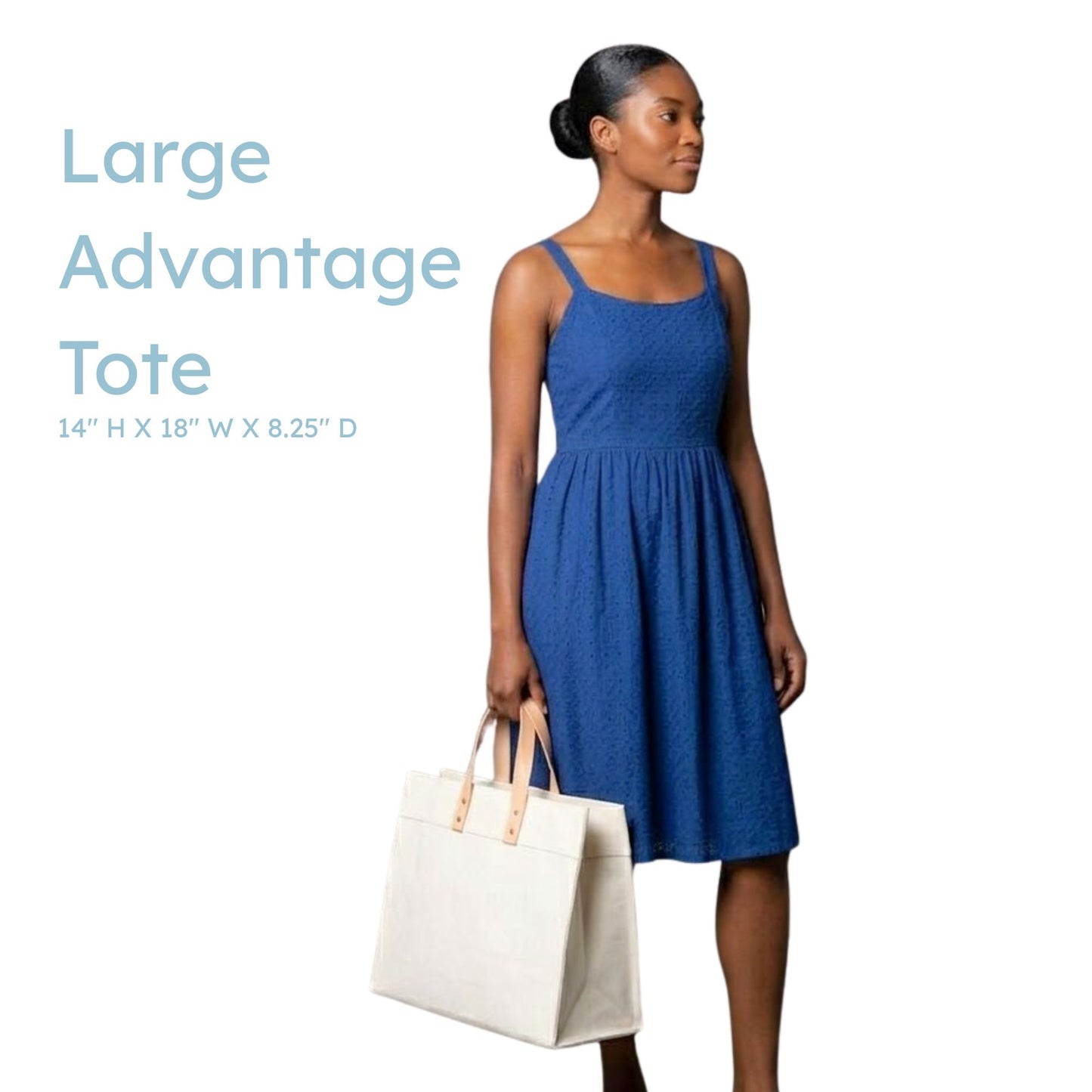 Woman holding a white tote bag with text about 'Large Advantage Tote' dimensions on a light gray background