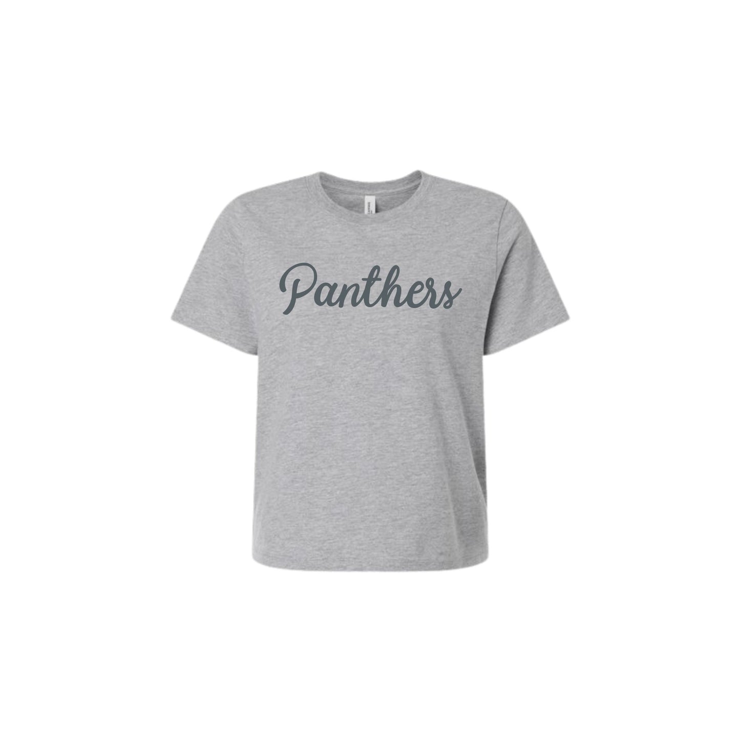 Gray t-shirt with 'Panthers' text on a white background