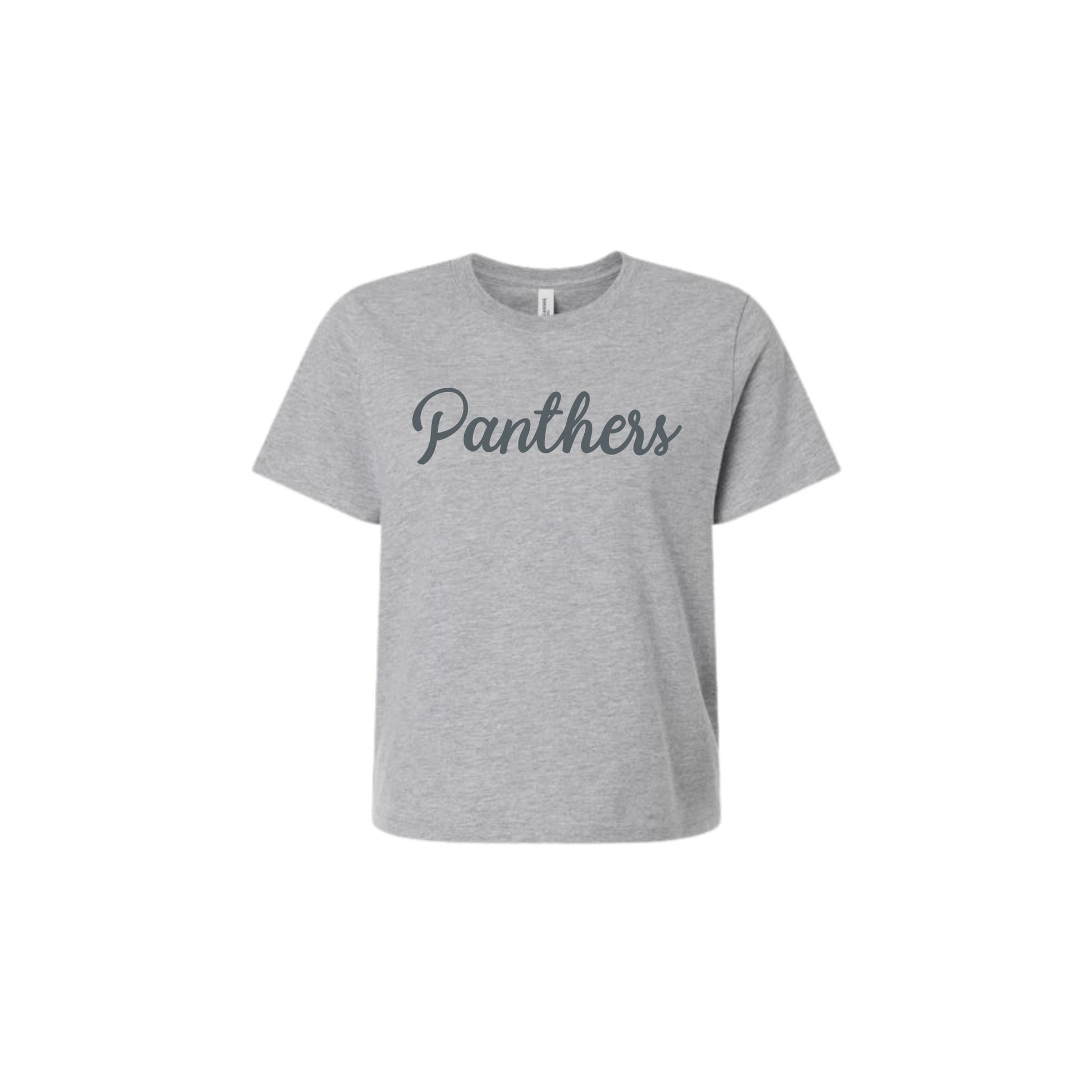 Gray t-shirt with 'Panthers' text on a white background