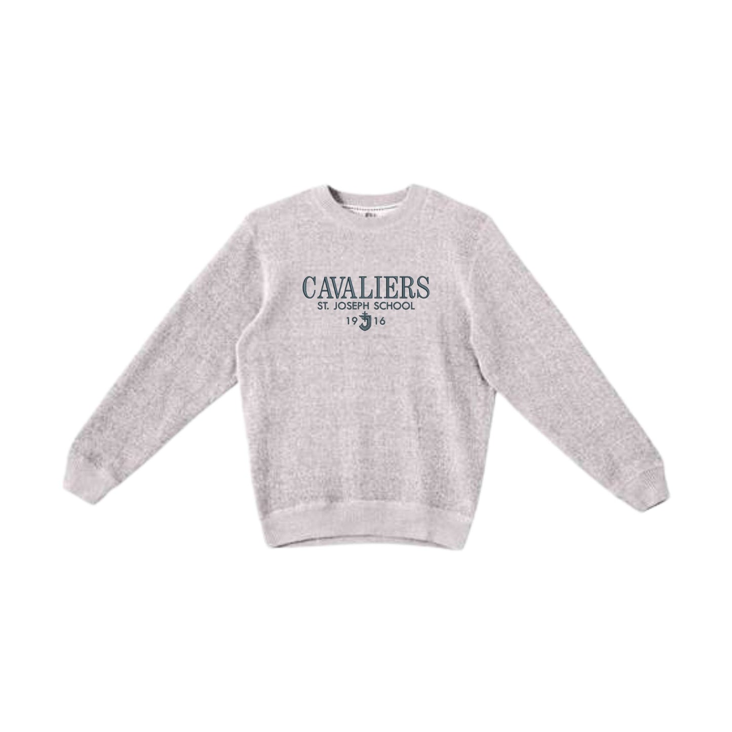 cozy knit salt-n-pepper sweater with 'Cavaliers St. Joseph School' embroidery in gray thread on the center chest