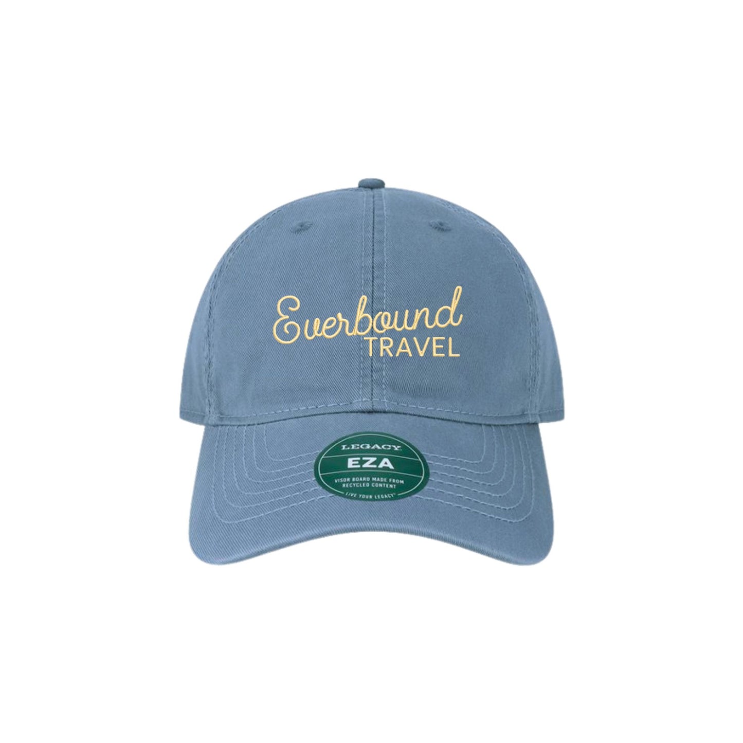 Blue cap with 'Everbound Travel' text on a white background