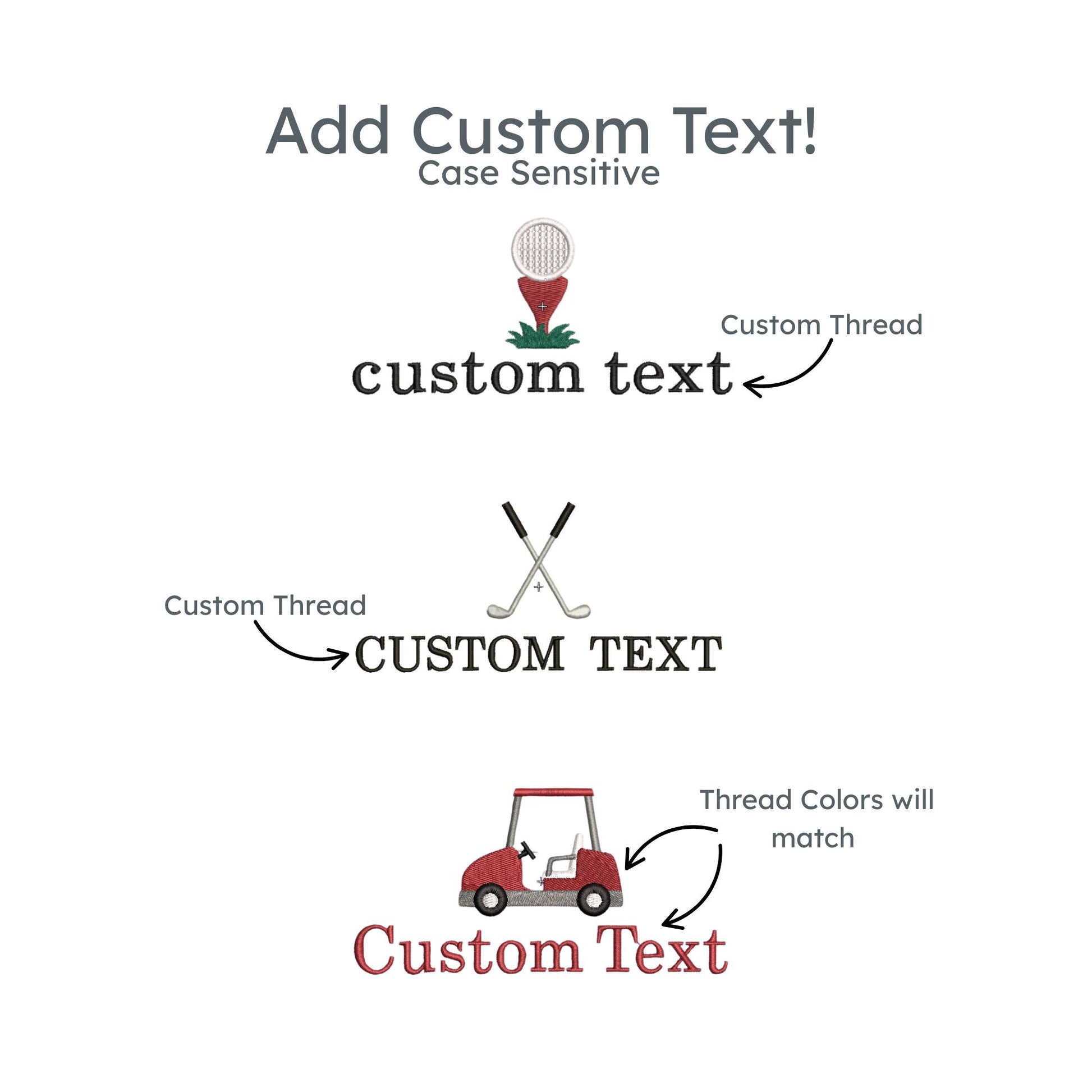 custom golf icon options with custom text: golf ball & tee, crossed golf clubs, golf cart