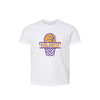 White t-shirt with basketball graphic and text on a white background