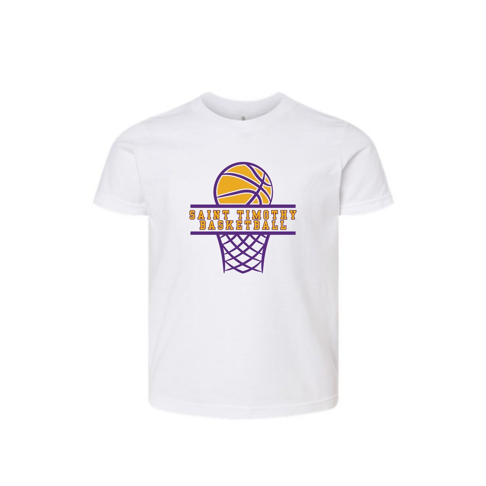 White t-shirt with basketball graphic and text on a white background