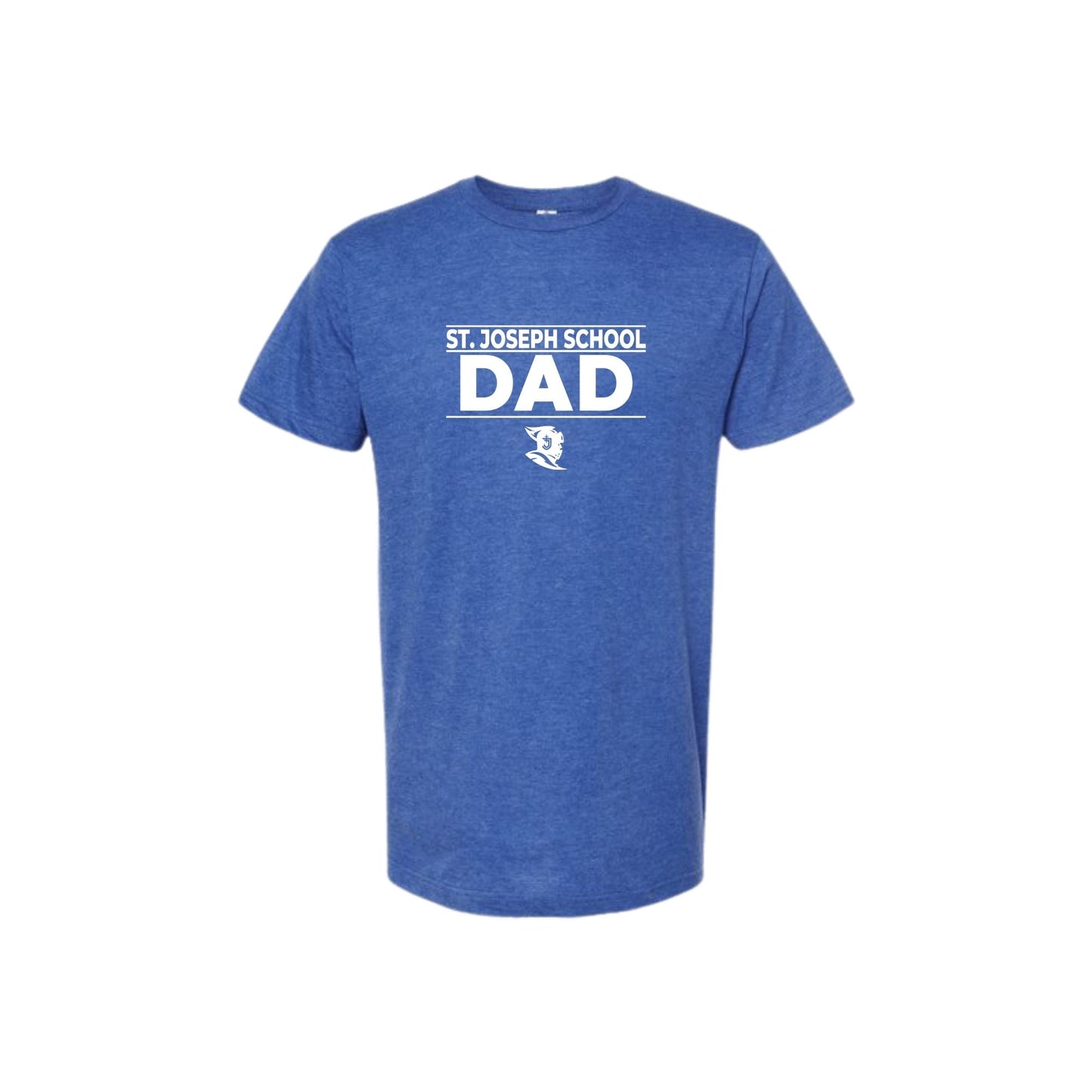 Blue t-shirt with 'St. Joseph School Dad' text on a white background