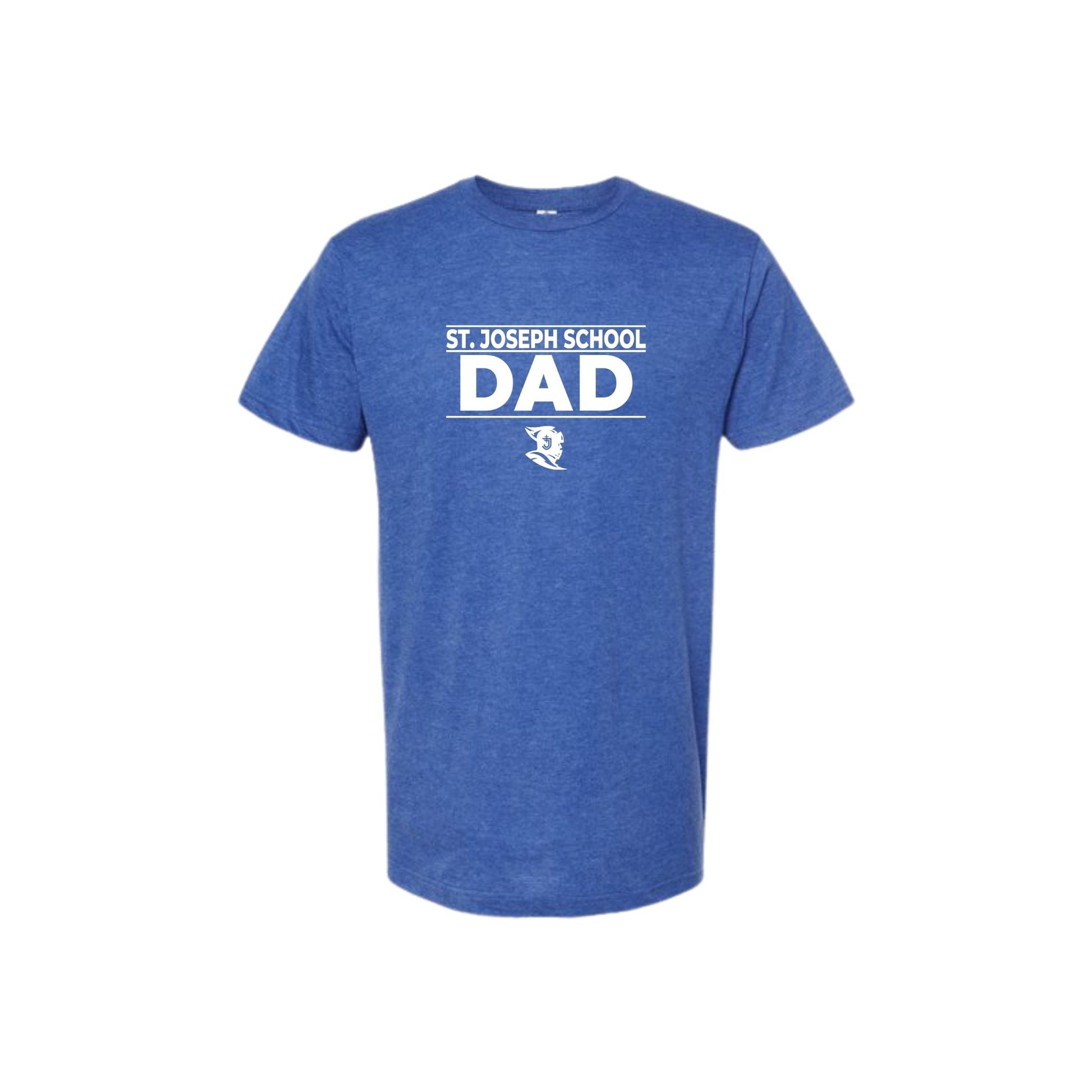 Blue t-shirt with 'St. Joseph School Dad' text on a white background
