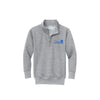A heather gray quarter-zip sweatshirt with a mock neck collar, featuring a blue  embroidered logo on the left chest that reads 'VILLA MADONNA MONTESSORI'.