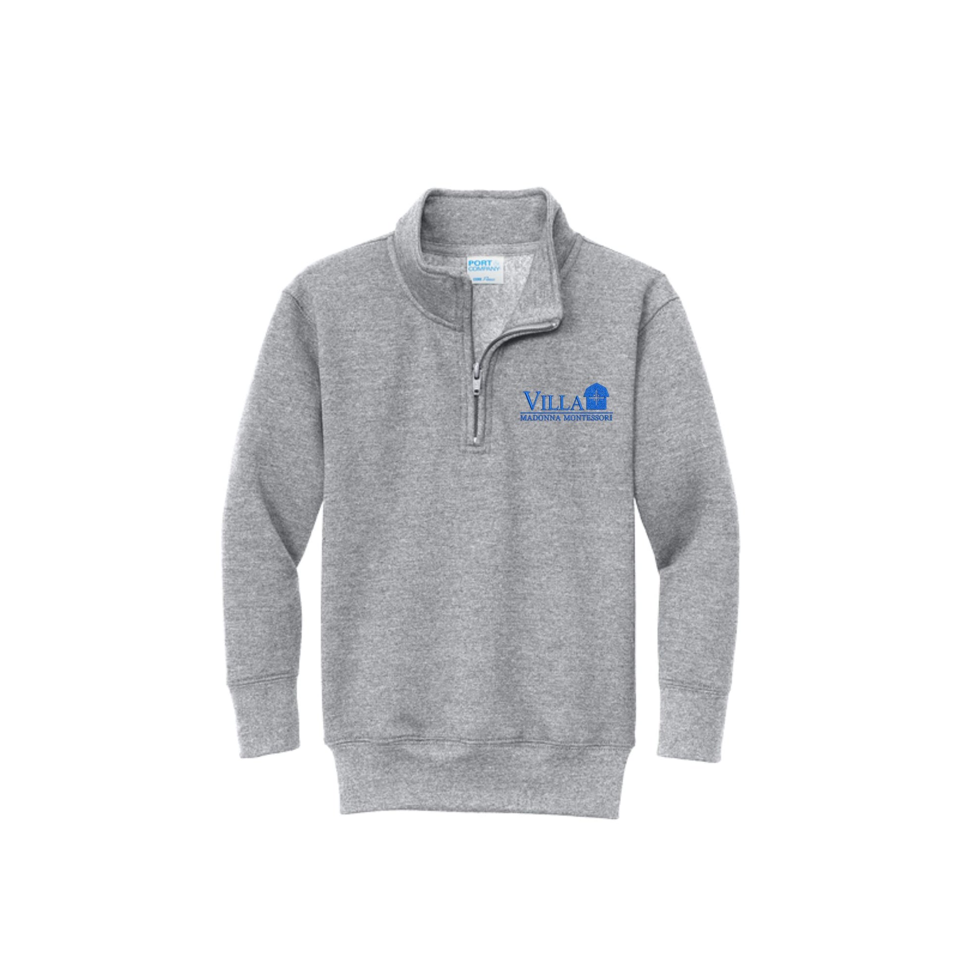 A heather gray quarter-zip sweatshirt with a mock neck collar, featuring a blue  embroidered logo on the left chest that reads 'VILLA MADONNA MONTESSORI'.