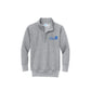 A heather gray quarter-zip sweatshirt with a mock neck collar, featuring a blue  embroidered logo on the left chest that reads 'VILLA MADONNA MONTESSORI'.