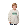 Child wearing a beige sweatshirt with 'Panthers' printed on it against a white background