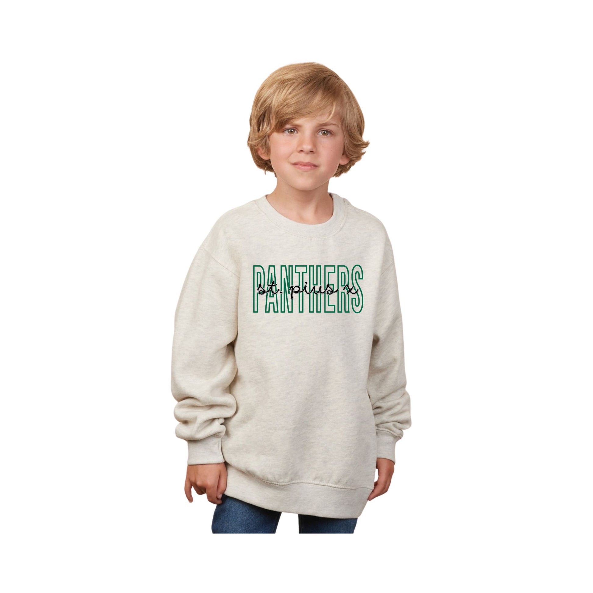 Child wearing a beige sweatshirt with 'Panthers' printed on it against a white background