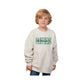 Child wearing a beige sweatshirt with 'Panthers' printed on it against a white background