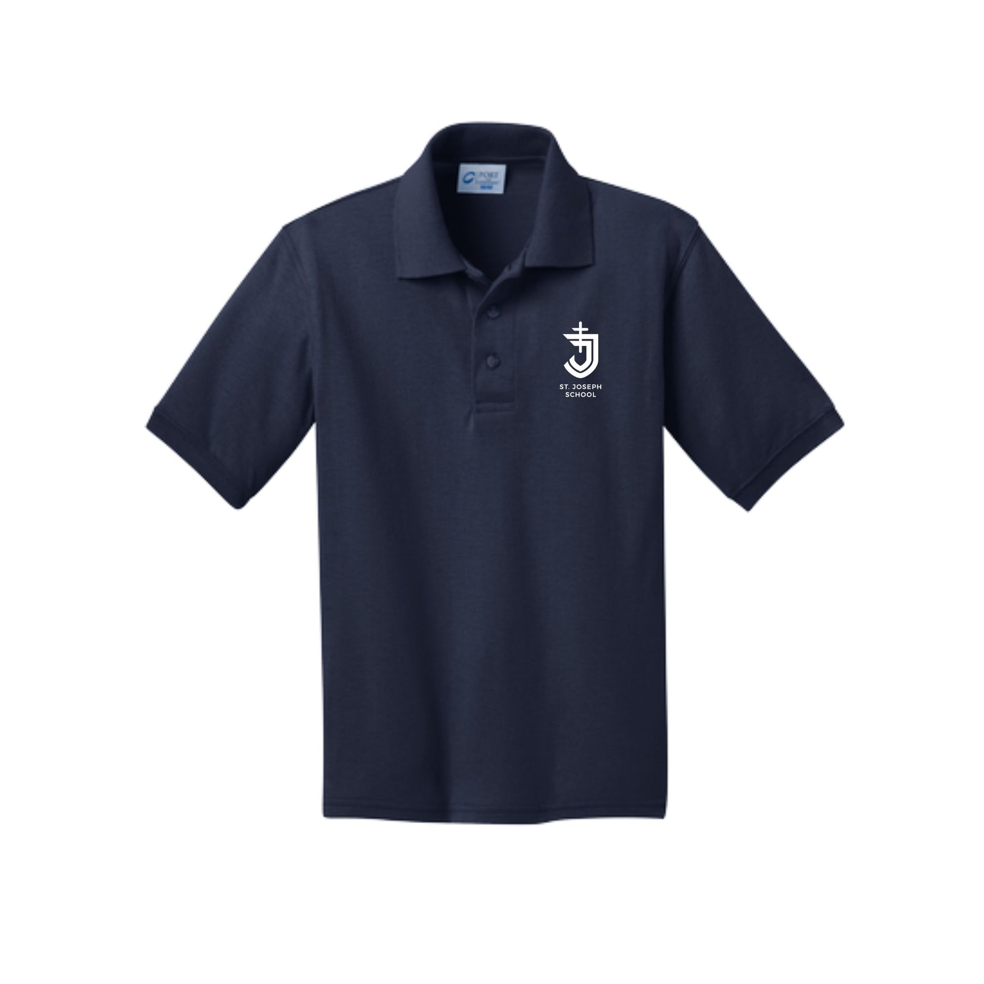 Navy blue polo shirt with a logo on the chest against a white background