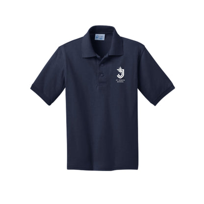Navy blue polo shirt with a logo on the chest against a white background
