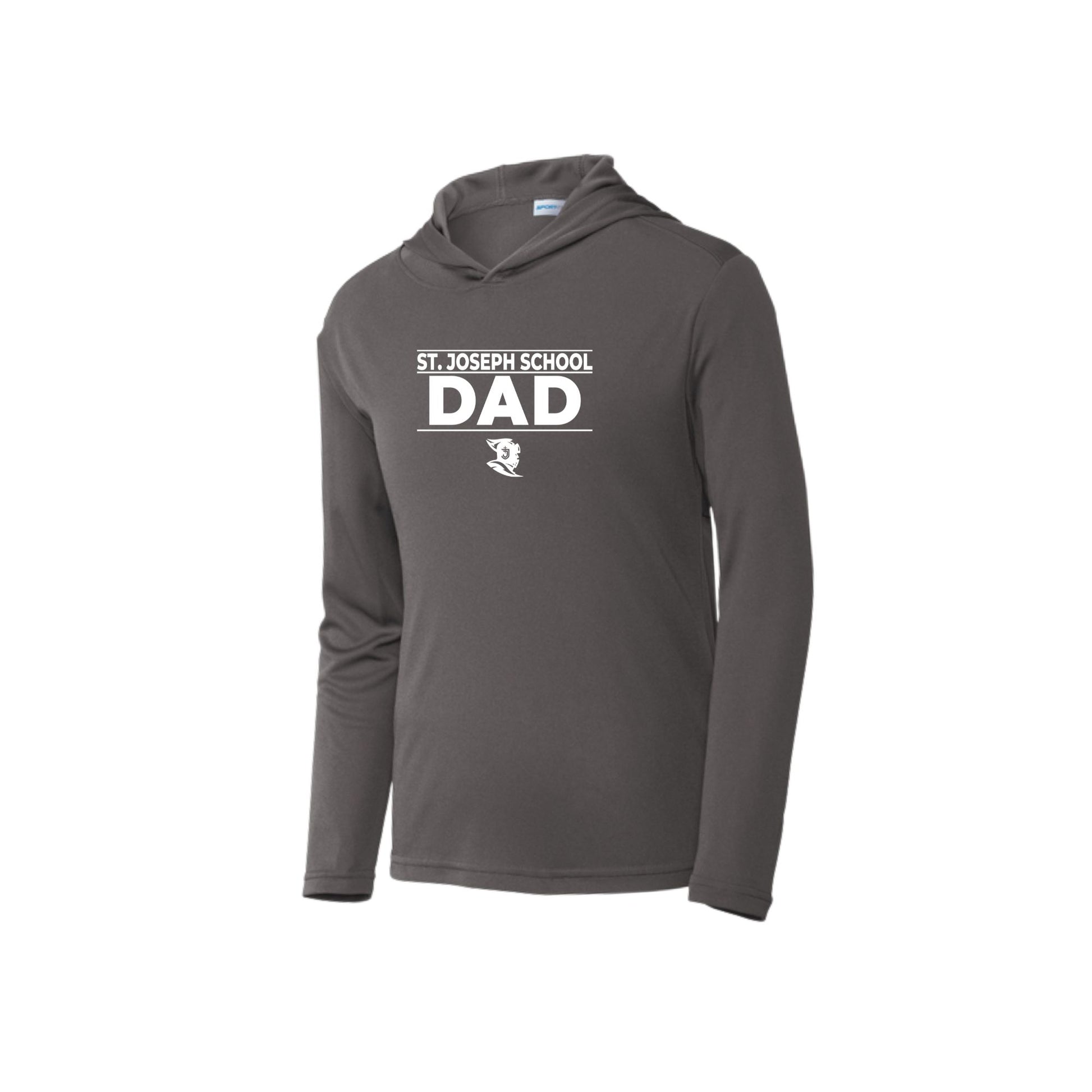 Gray hoodie with 'St. Joseph School Dad' text on a white background