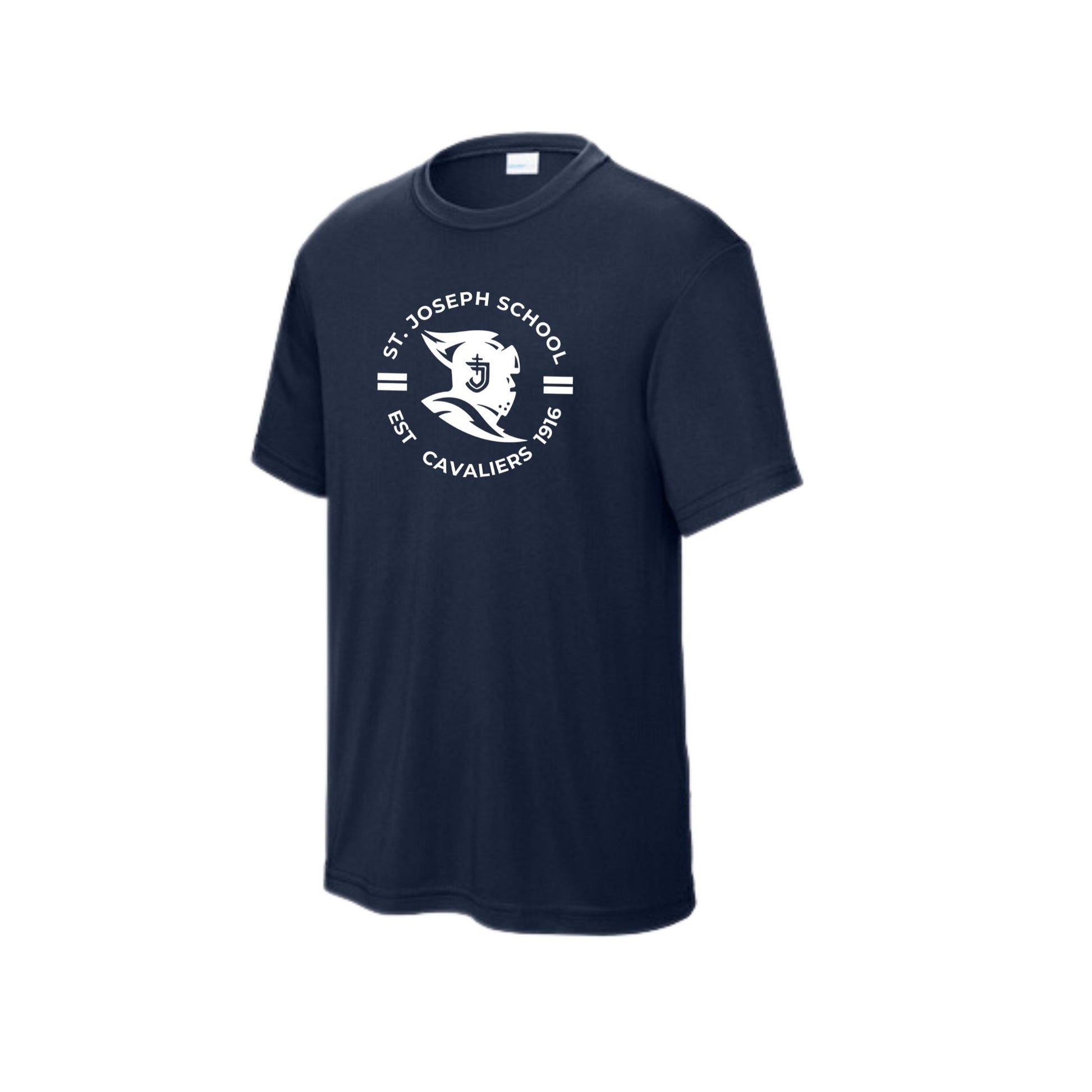 navy posicharge performance t-shirt with a custom st. joseph school cavaliers printed design in white ink