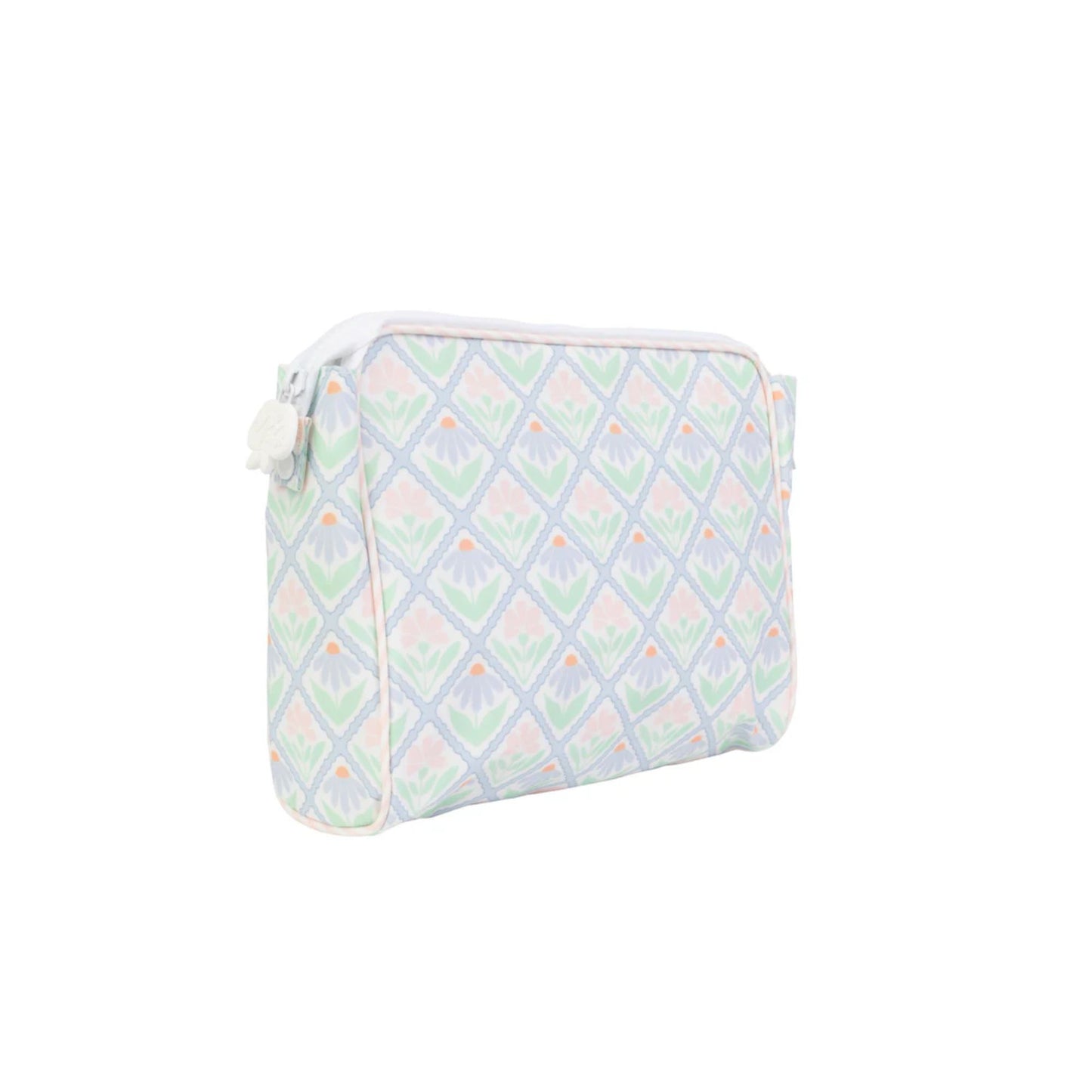 Rectangular pouch with a geometric pattern on a white background