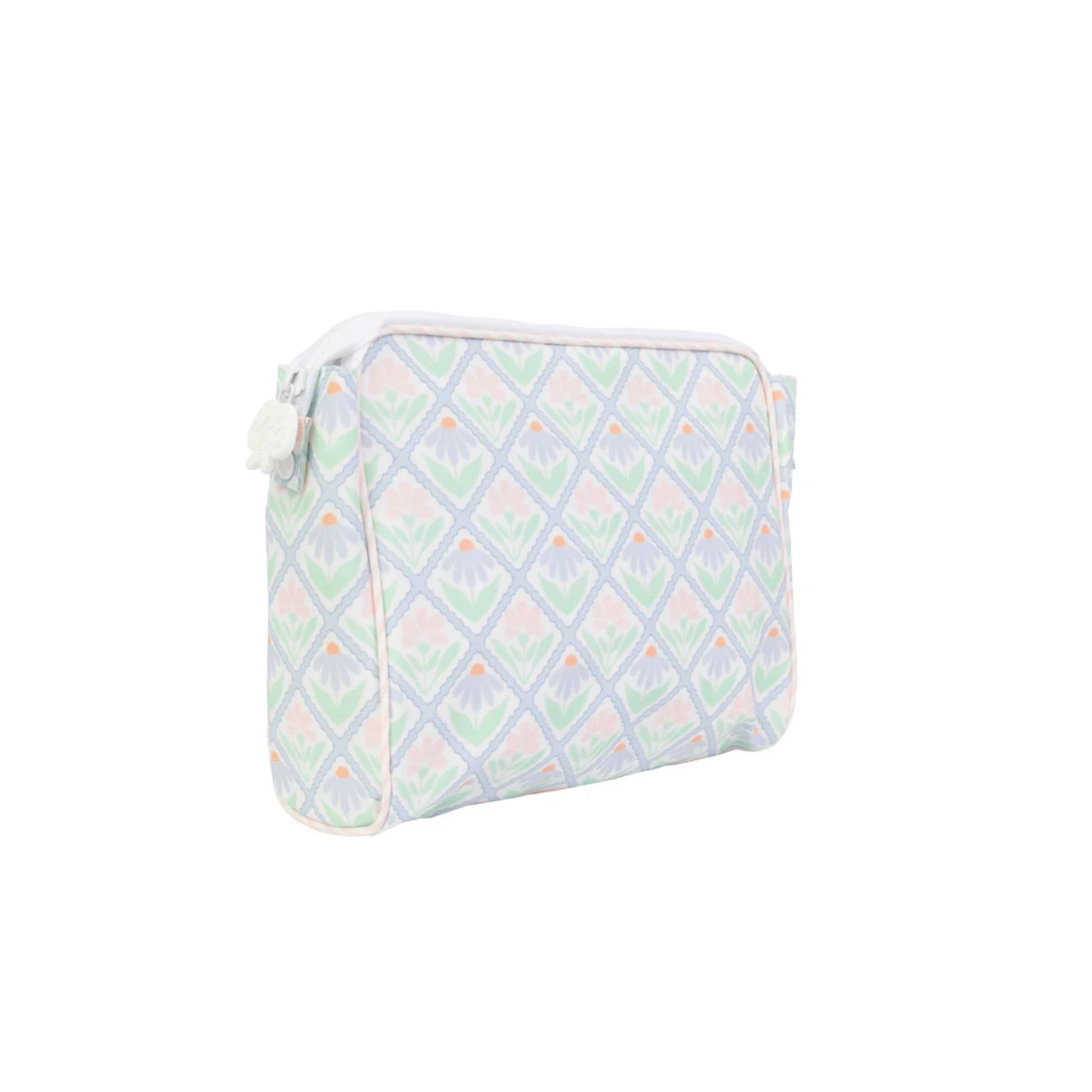 Rectangular pouch with a geometric pattern on a white background
