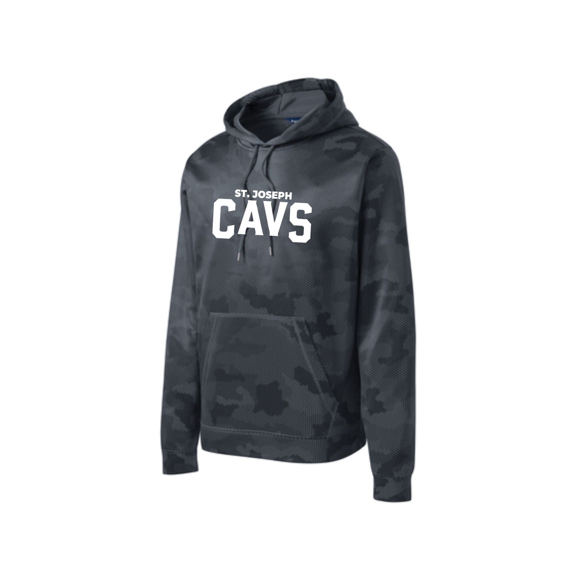 gray camohex hoodie with white st. joseph cavs print