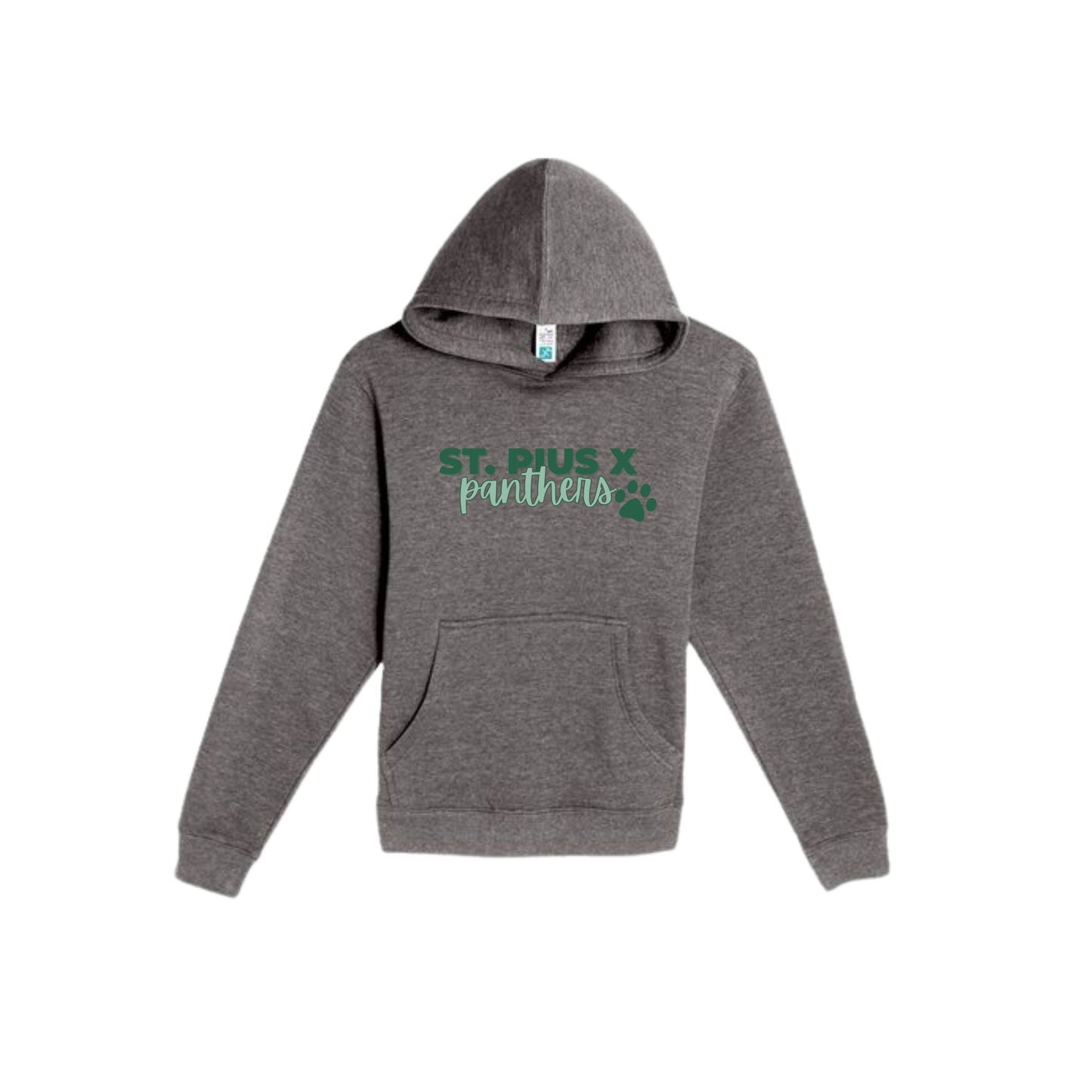 Gray hoodie with 'St. Pius X Panthers' text and paw print on a white background