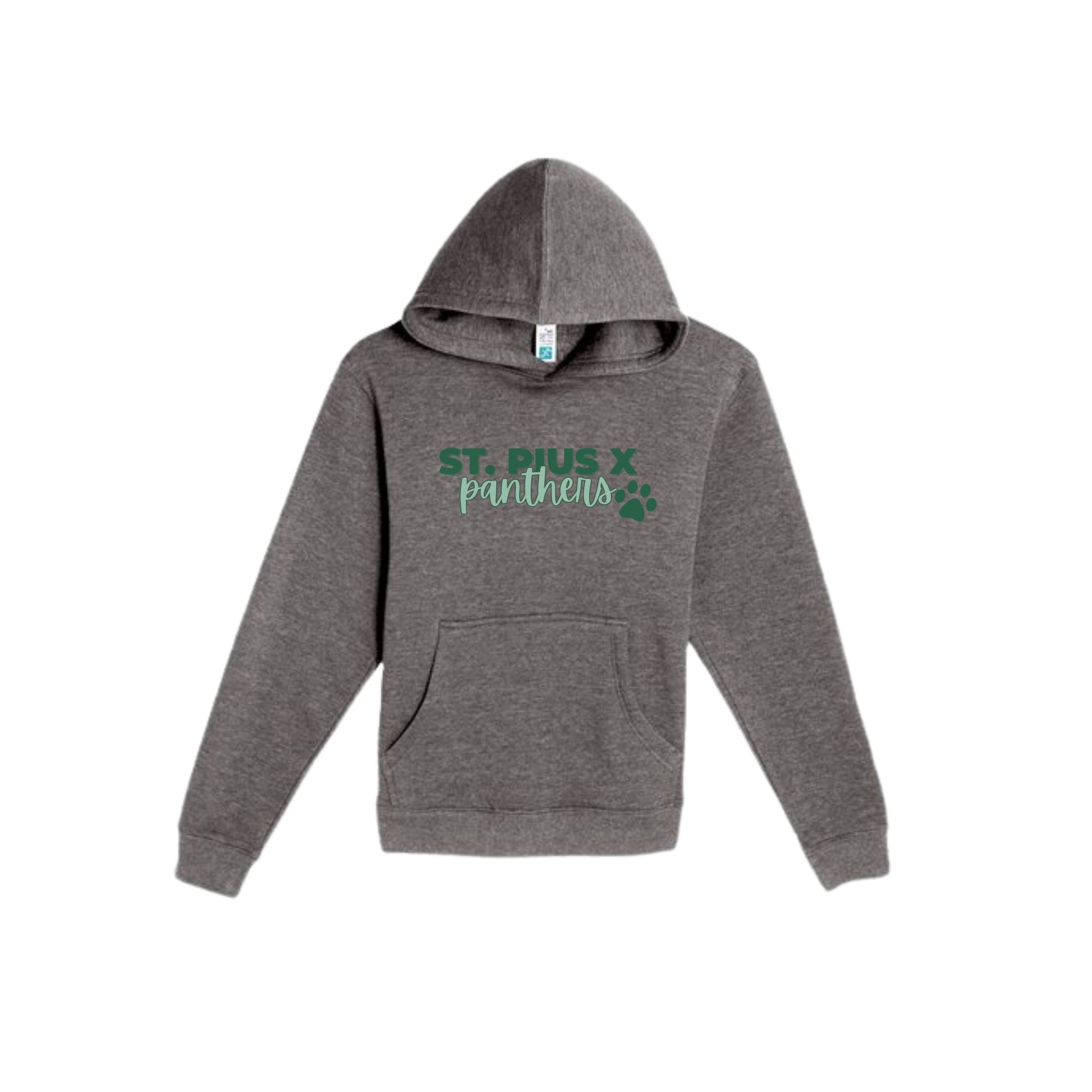 Gray hoodie with 'St. Pius X Panthers' text and paw print on a white background