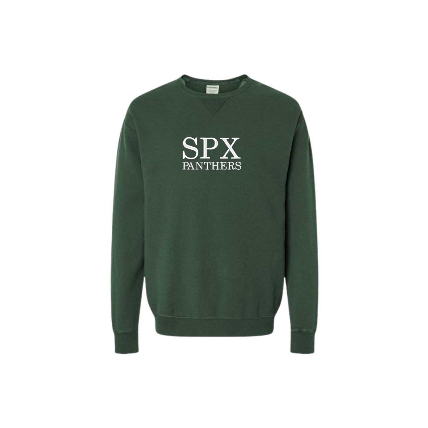 field green vintage dyed crewneck with custom embroidered spx panthers design in white thread on the center chest 