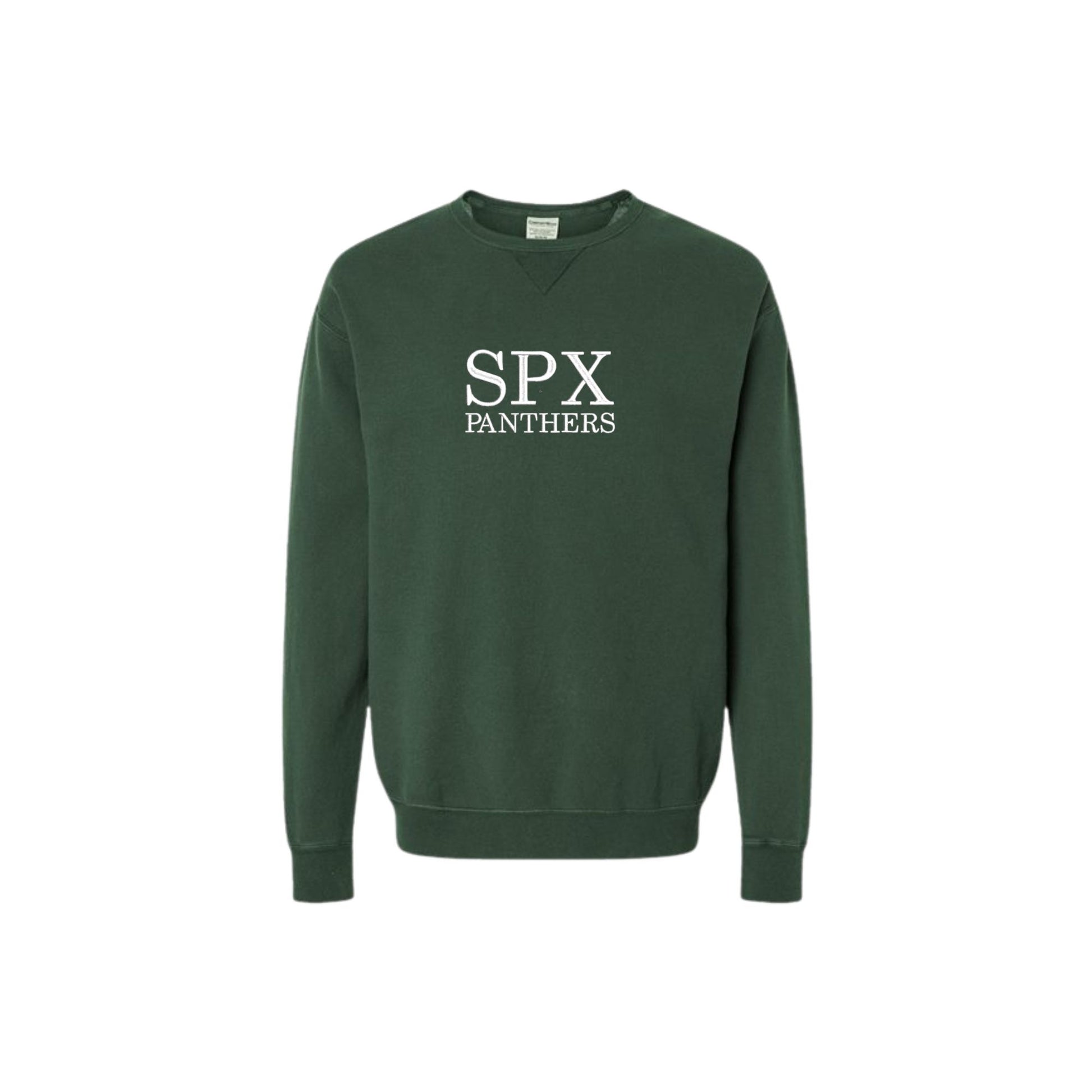 field green vintage dyed crewneck with custom embroidered spx panthers design in white thread on the center chest 