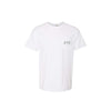 white t-shirt with a small st. pius panthers logo embroidered in green thread on the chest pocket