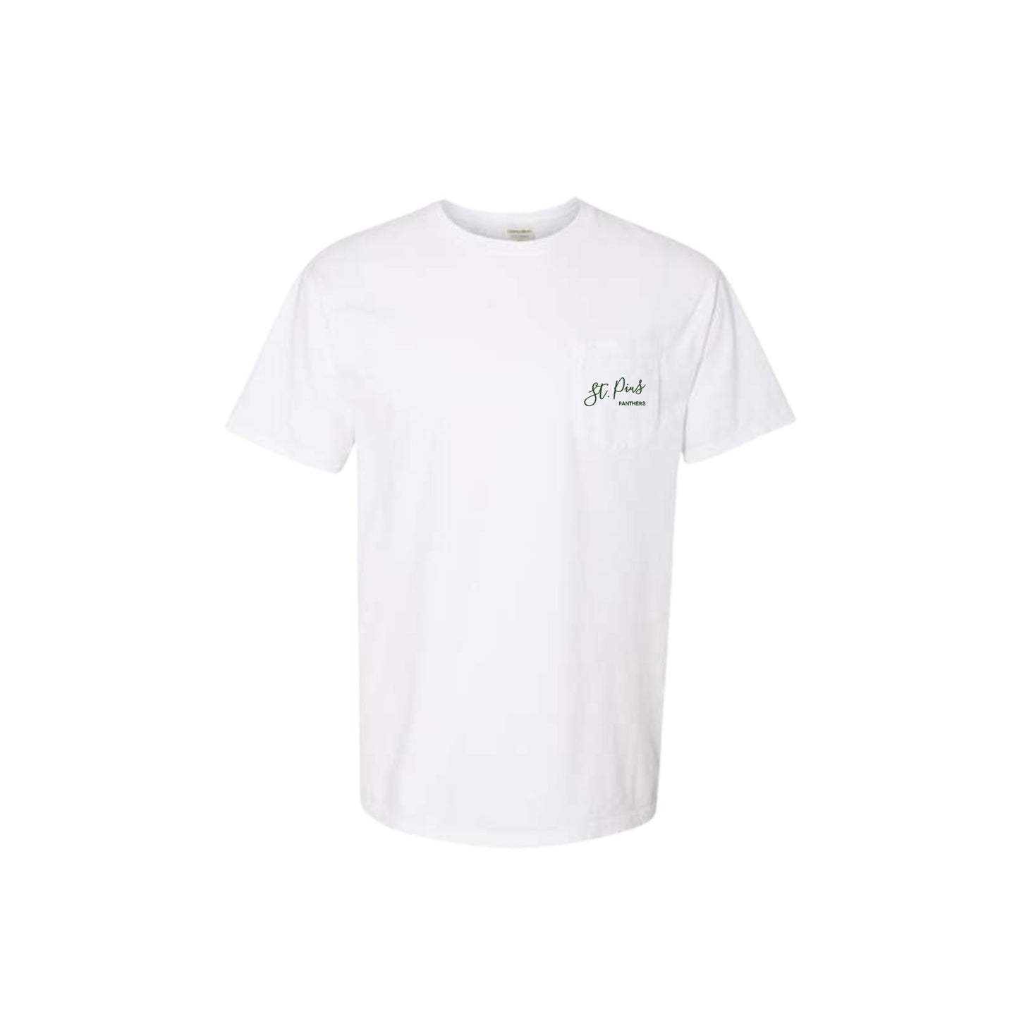 white t-shirt with a small st. pius panthers logo embroidered in green thread on the chest pocket