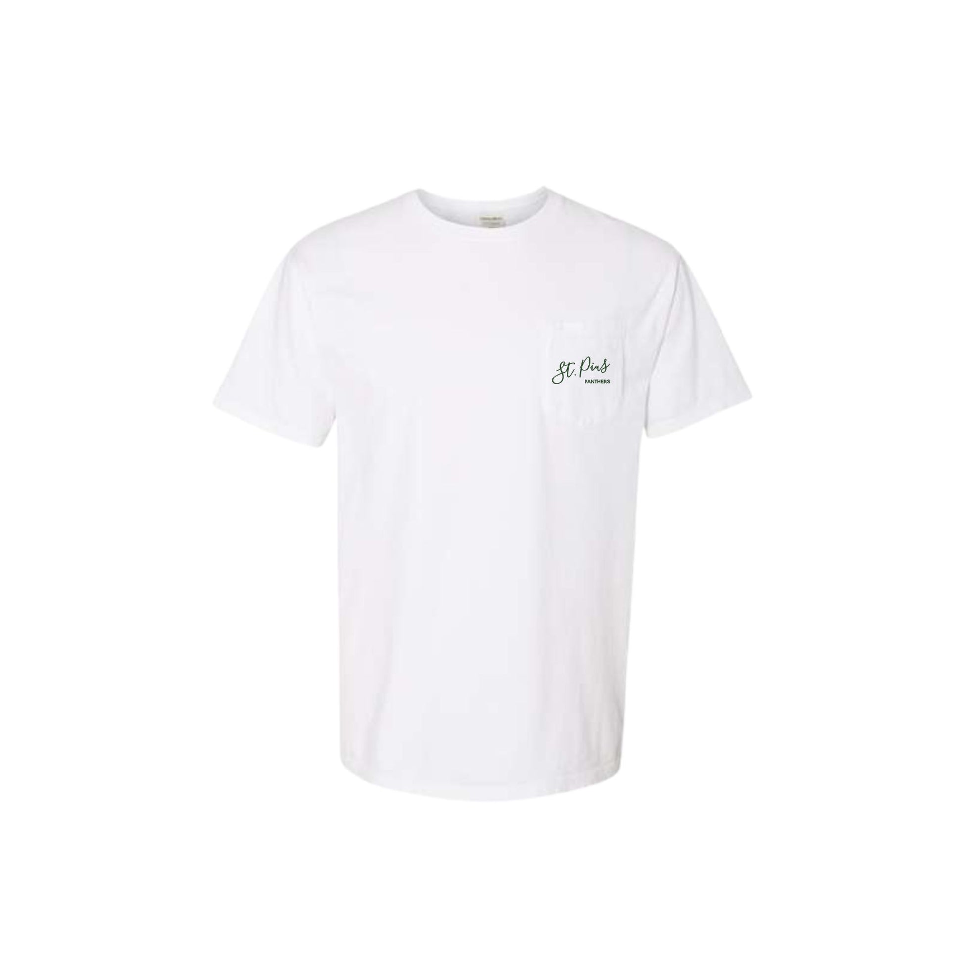 white t-shirt with a small st. pius panthers logo embroidered in green thread on the chest pocket