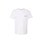 white t-shirt with a small st. pius panthers logo embroidered in green thread on the chest pocket
