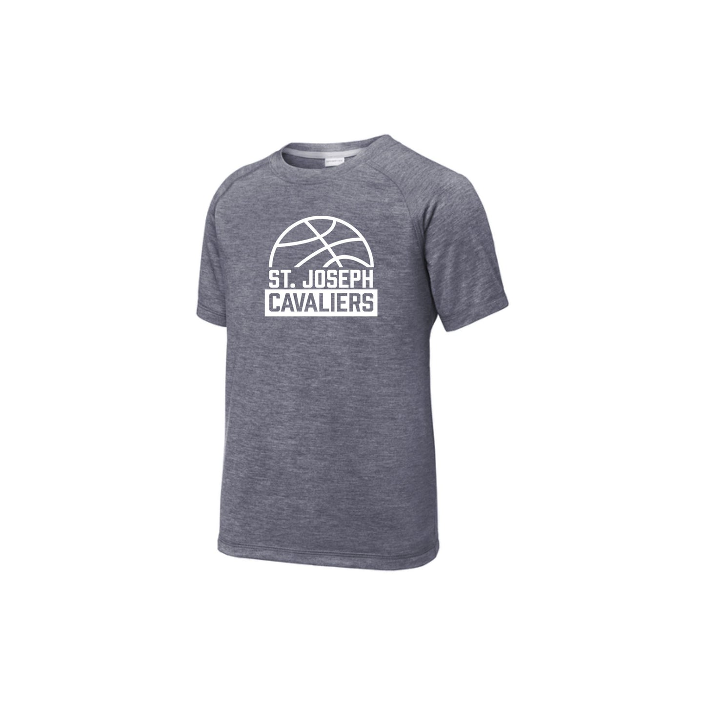 heather navy Blue performance t-shirt with 'St. Joseph Cavaliers' basketball design in white ink printed on the front center chest