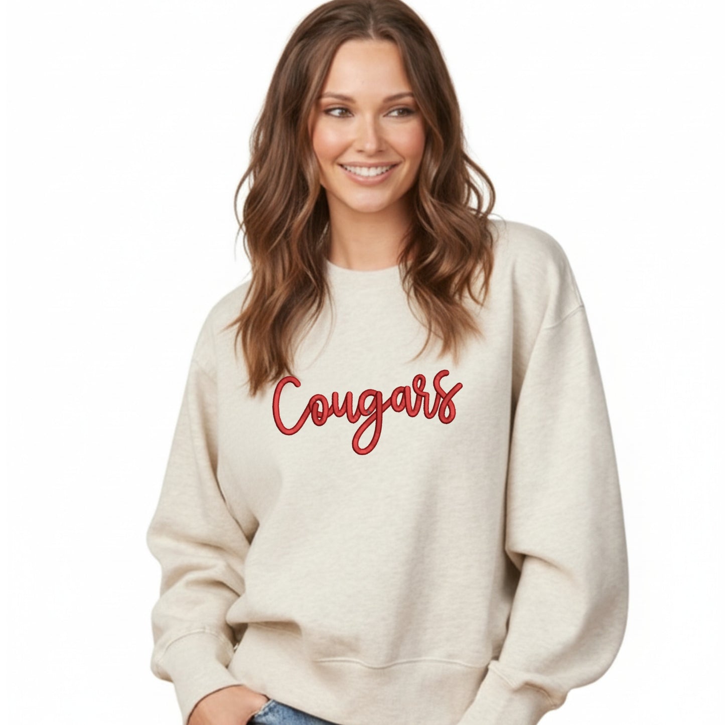Embroidered 3D Puff Cougars Ladies Boxy Crewneck | CCSED27